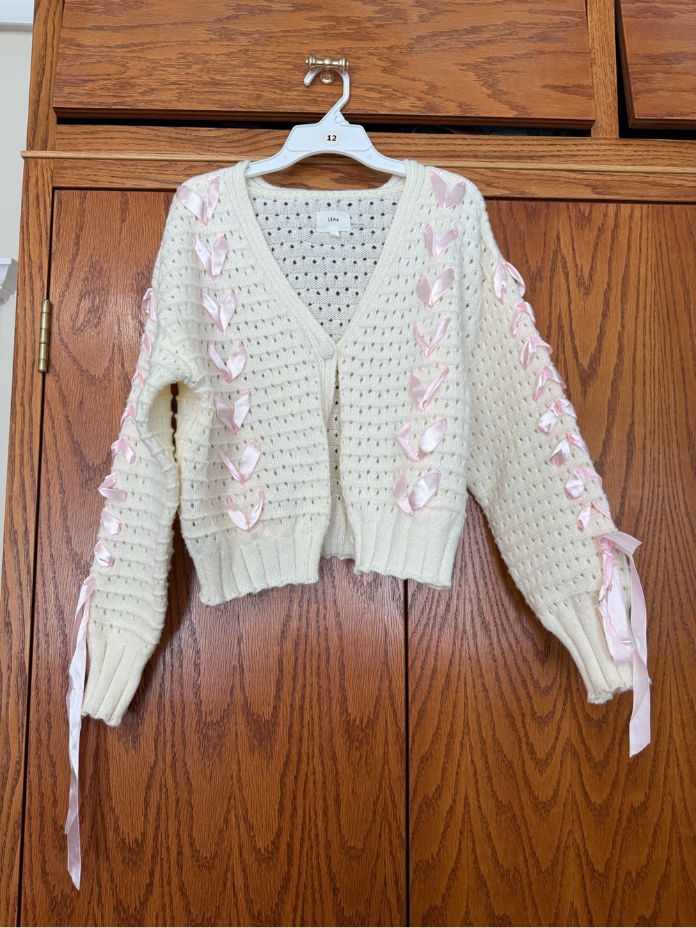 Lena Cream Knit Cardigan with Pink Ribbon Lacing